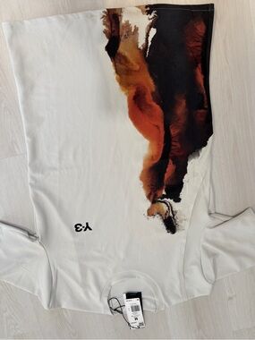 Y-3 White Tee with Brown and Black Abstract Brush Print